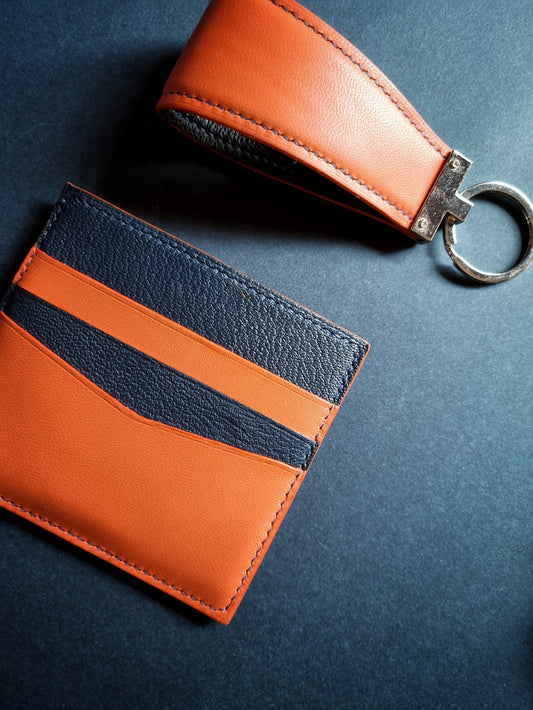 Monaco card holder in orange and navy blue
