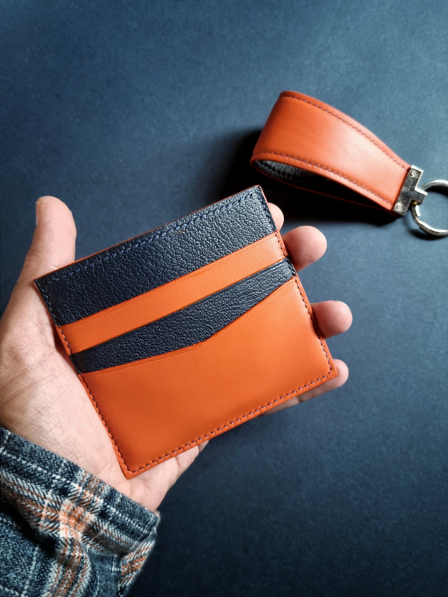 Monaco card holder in orange and navy blue